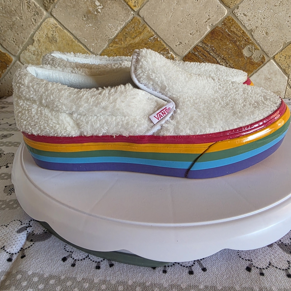 Vans Fuzzy White Slip-On Shoes with Rainbow Platform